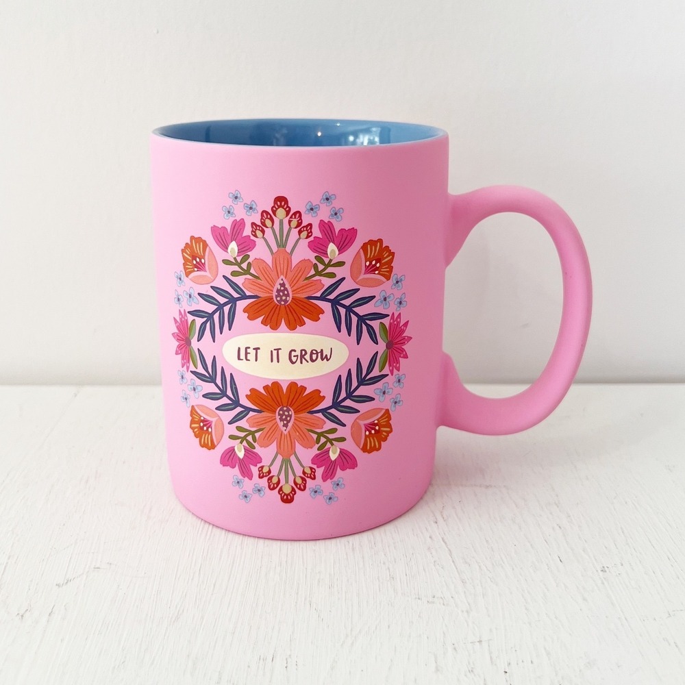 Deborah Curiel Coffee Mug Pink Let It Grow Floral Matte Ceramic Blue Interior